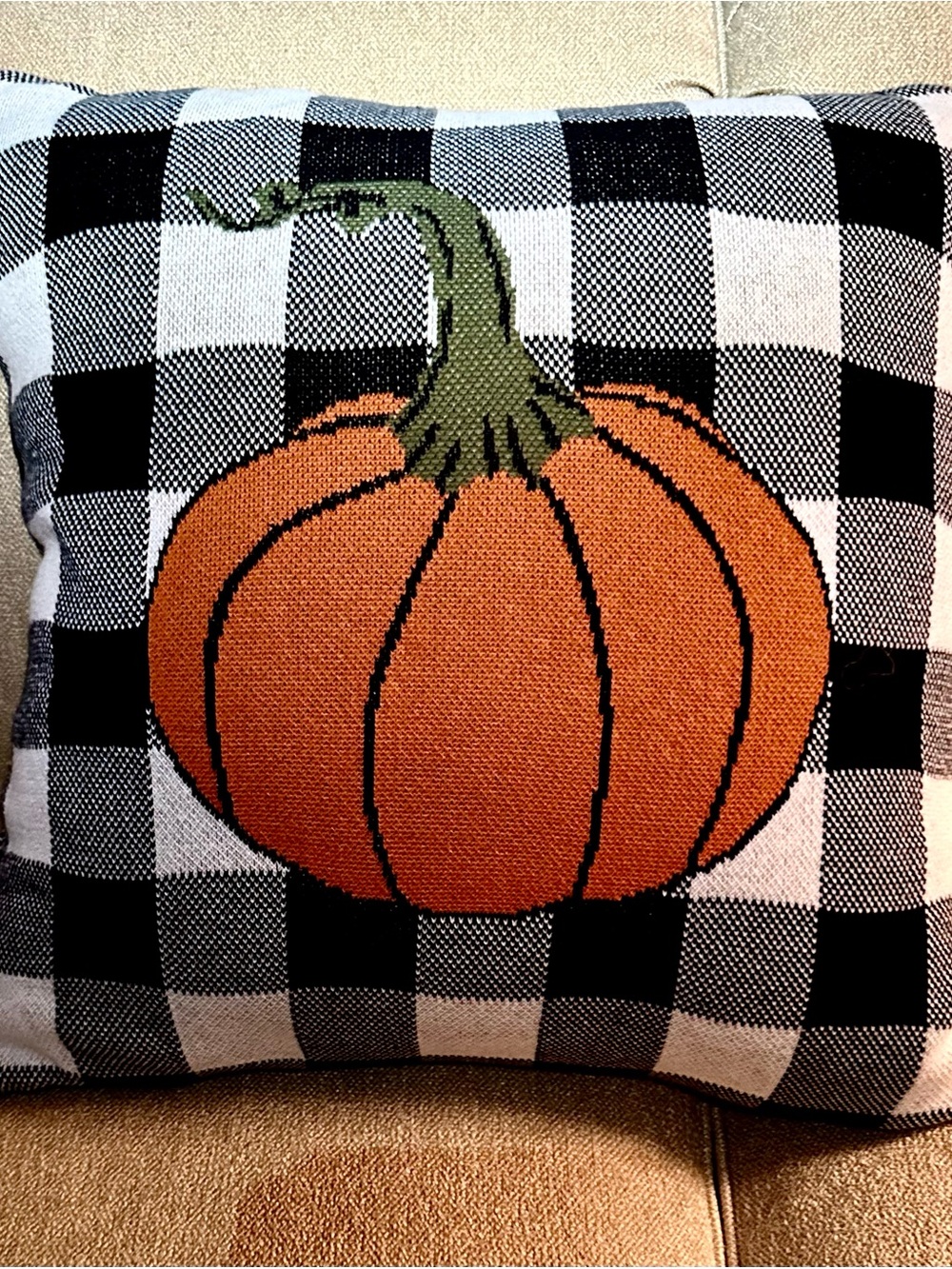 LargeFall Pumpkin Plaid Knit Pillow Cover in Orange and Black, Approx. 18" x 18"